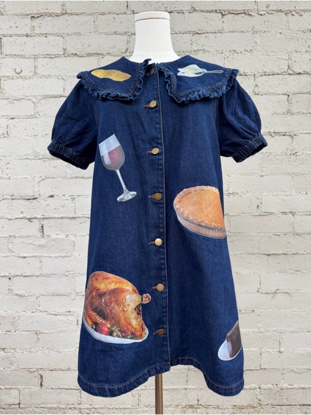 Cider Peter Pan Collar Denim Mini Dress Upcycled Thanksgiving Patches Size M - Picture 5 of 16